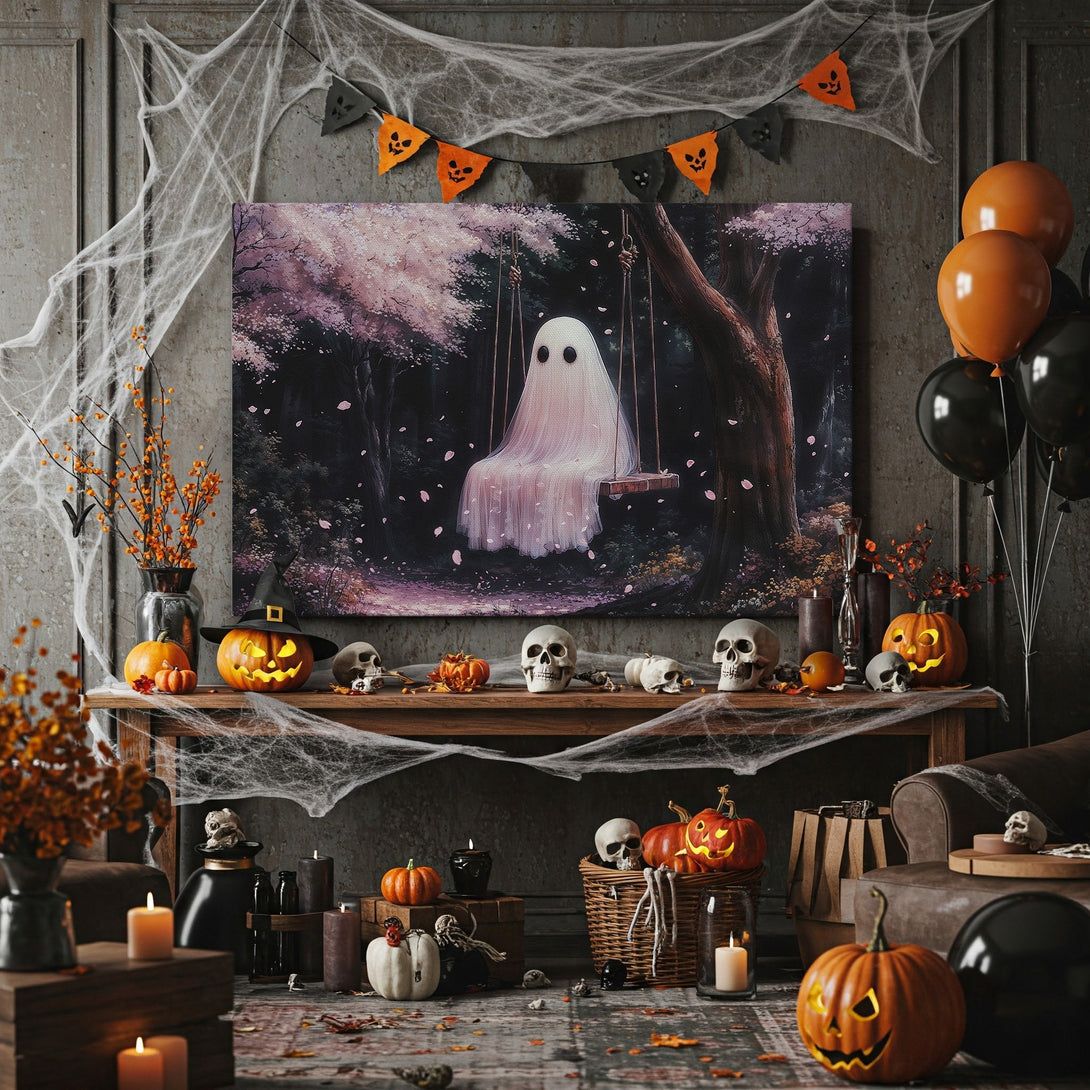 Framed Wall Art: Whimsical ghost on a swing in a dreamy forest, featuring a soft pink and purple color palette. Perfect Halloween decor!