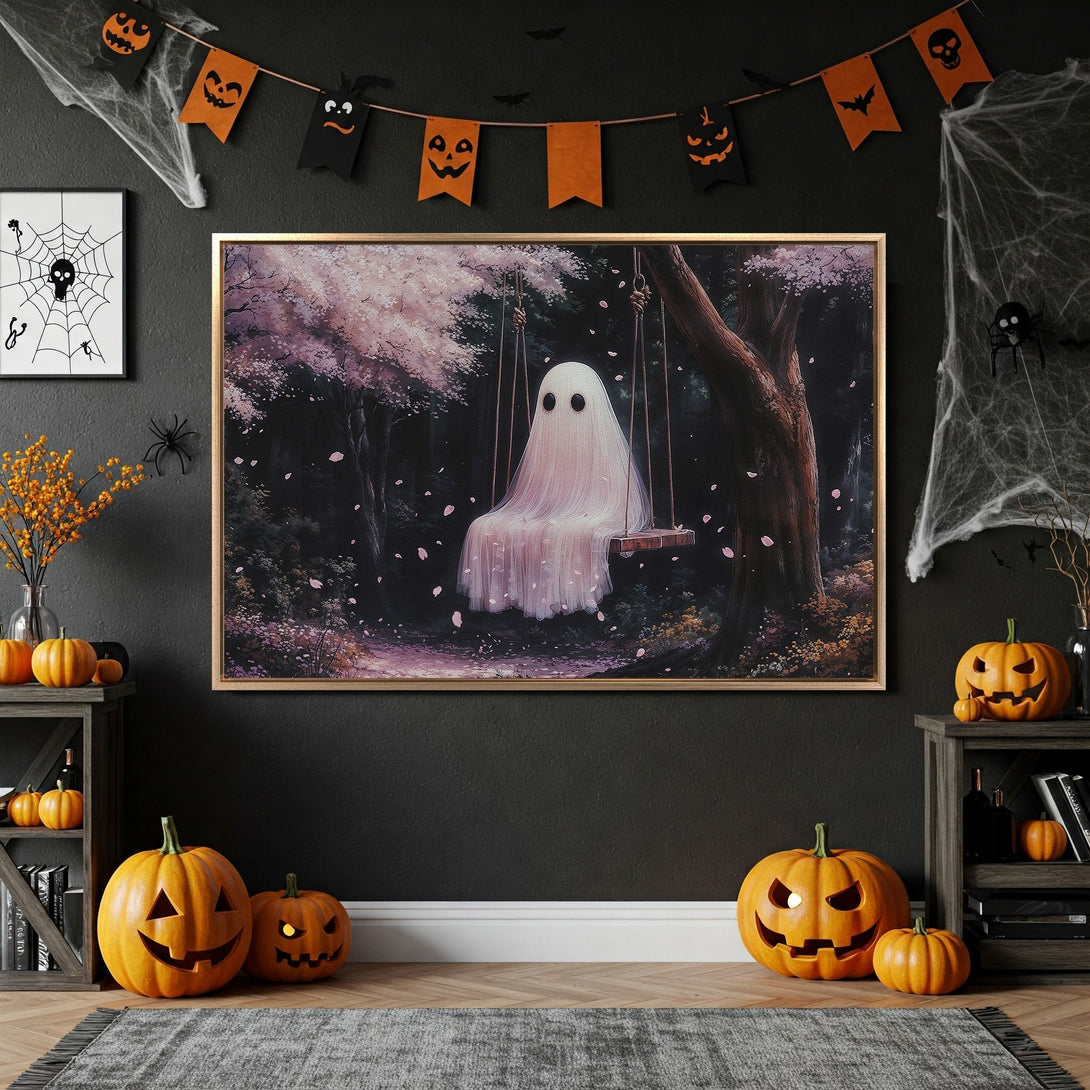 Framed Wall Art: Spooky ghost on a swing in a whimsical forest scene. Pastel pink and dark green color palette, perfect Halloween decor.