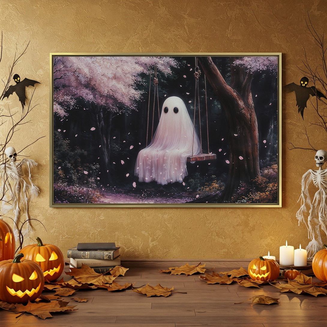 Canvas Print of a ghost on a swing in a whimsical forest, perfect Halloween decor. Soft pinks, greens, and dark tones create a spooky yet inviting ambiance.
