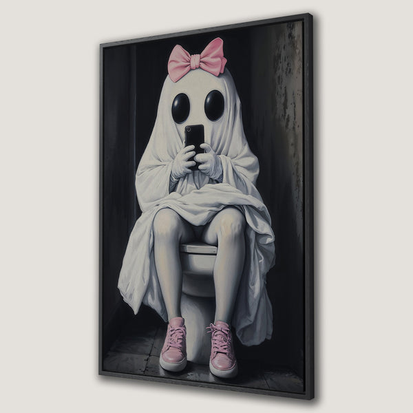 Framed Wall Art: Whimsical ghost in a bathroom, using a phone. Modern art style with a pink bow and shoes, monochrome palette. Perfect for unique home decor.