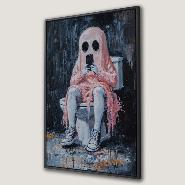 Framed Wall Art: Modern painting of a ghost-like figure on a toilet, using a phone. Dark, moody color palette with pink accents. Unique wall decor.