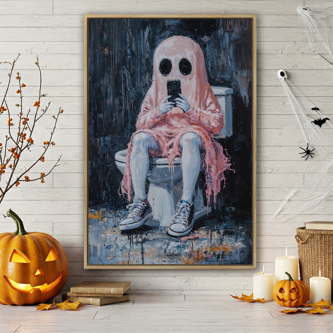 Framed Wall Art: Spooky ghost on toilet, contemporary art style, pink & blue color palette. Perfect Halloween decor for a unique, modern space.