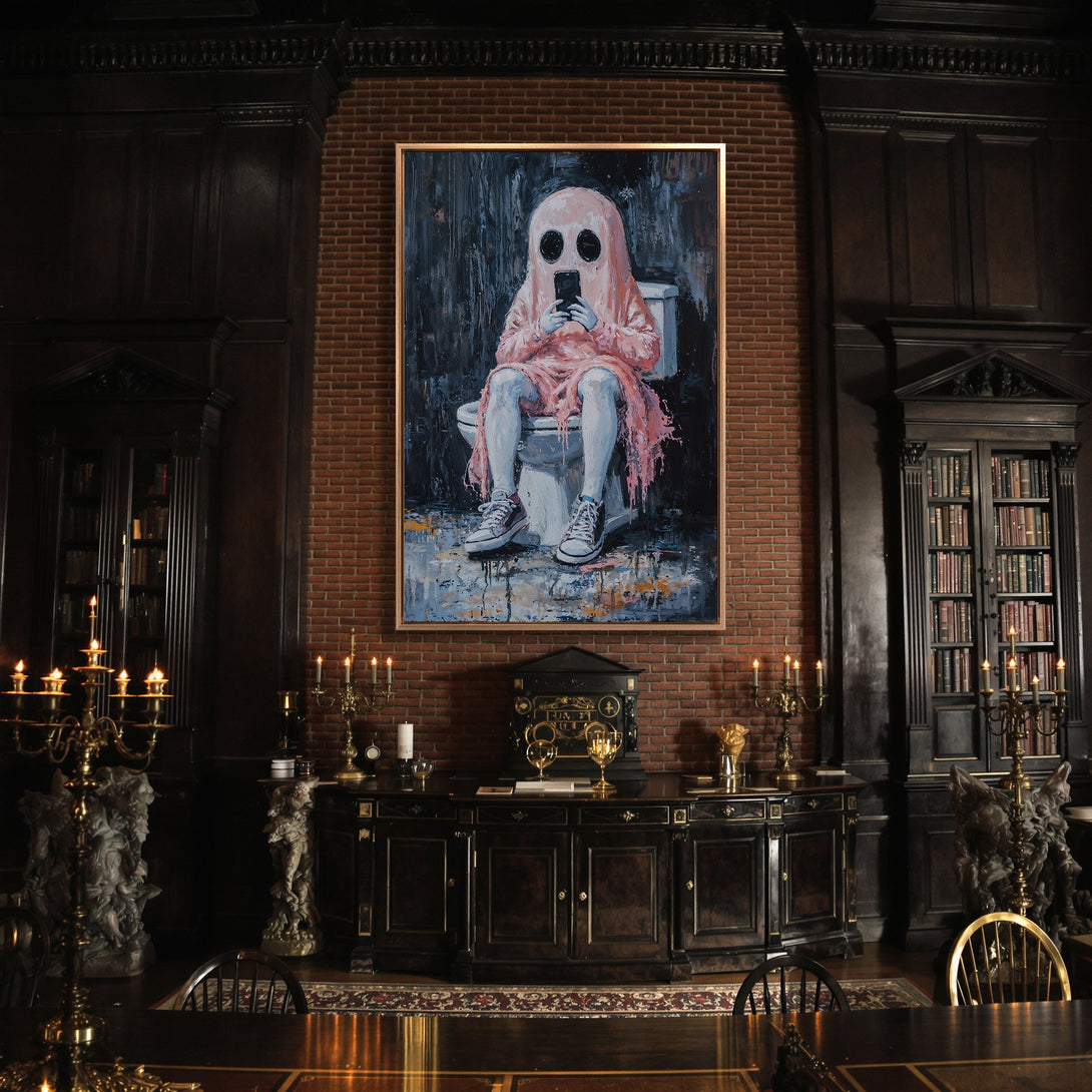 Framed Wall Art: Modern ghost art in a dark interior. Features a pink figure on a toilet, holding a phone. Dark, moody color palette. Add a unique touch!