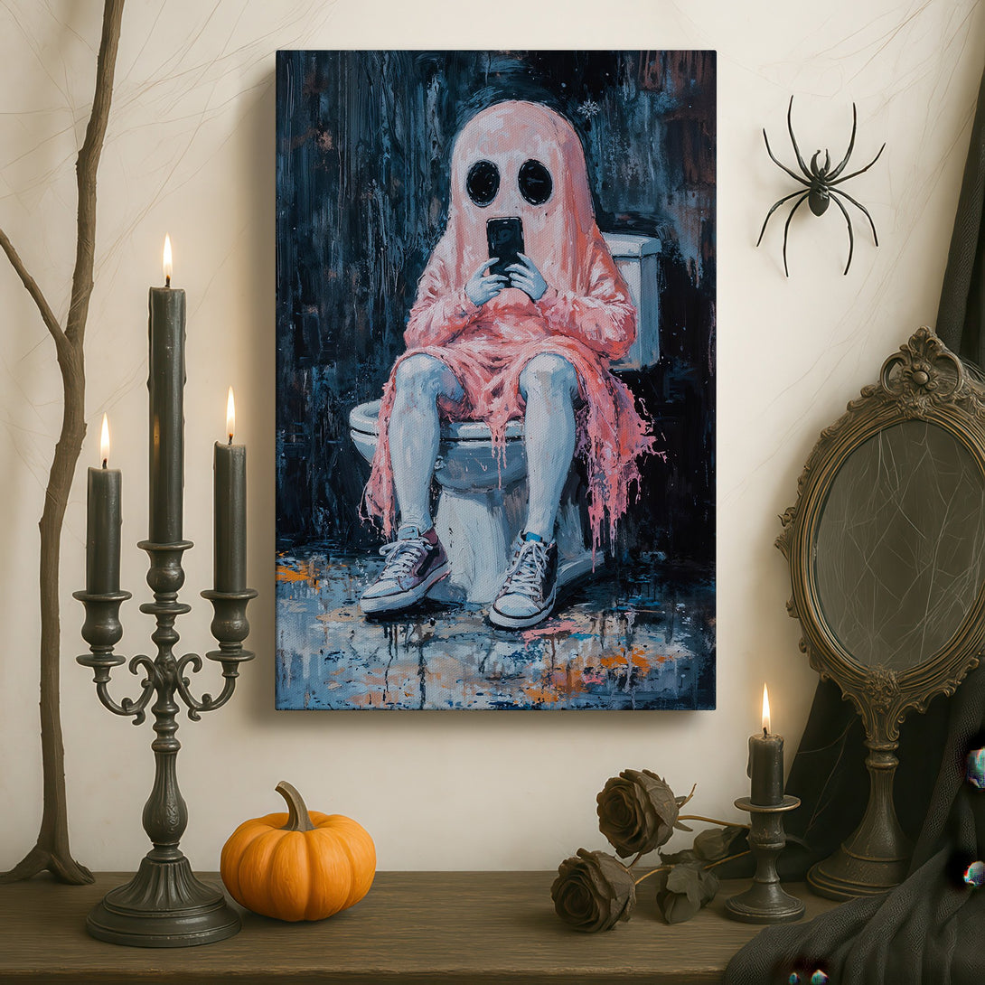 Framed Wall Art: Whimsical ghost figure on toilet, modern art style, pink & blue color palette. Add a unique touch to your space!