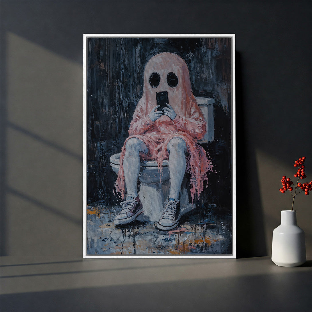 Framed Wall Art: Whimsical ghost on toilet, modern abstract style, with a pink and blue color palette. Unique wall decor for your home.