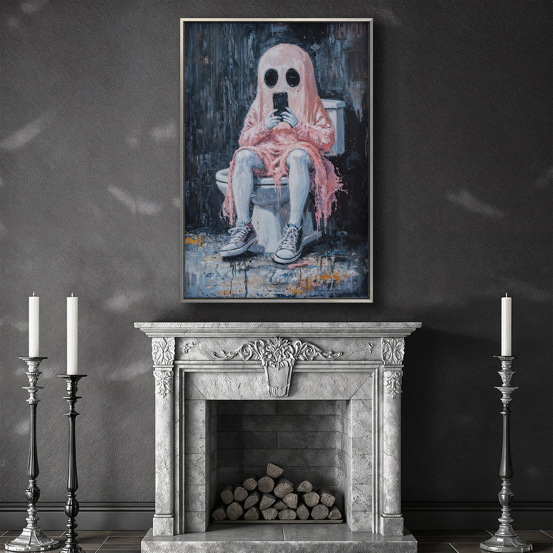 Framed Wall Art: Whimsical ghost on toilet in pink, blue, and black. Modern art canvas print for a unique home decor statement.