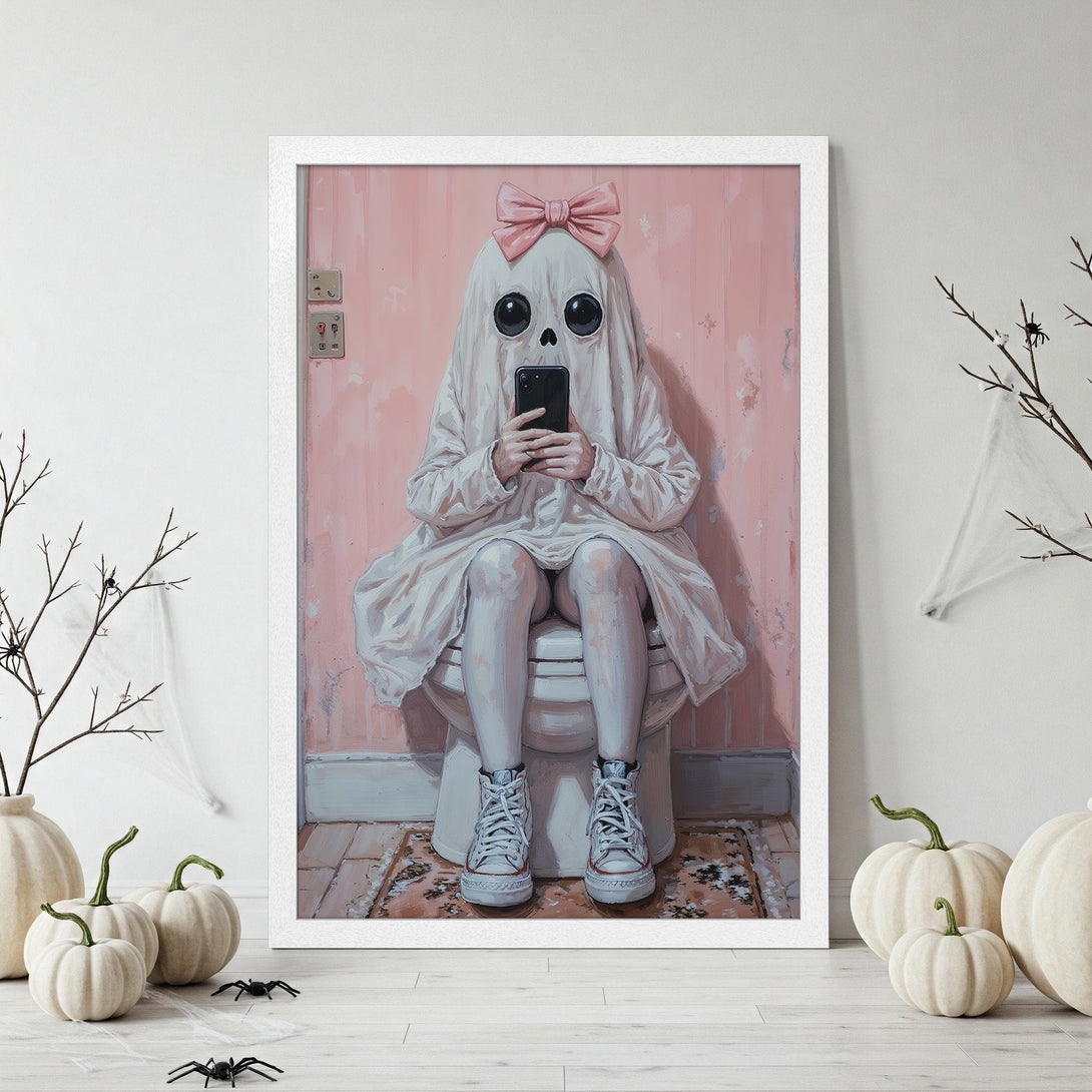 Framed Poster featuring a ghost on the toilet, in a whimsical style with a pink and white color palette. Perfect for Halloween decor!