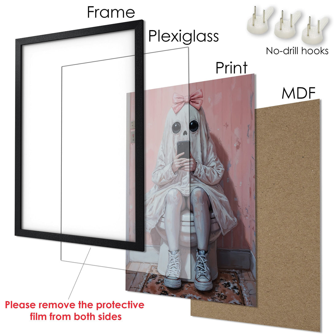 Framed Poster featuring a ghost on the toilet, whimsical art style, soft pink and white color palette. Perfect wall decor!