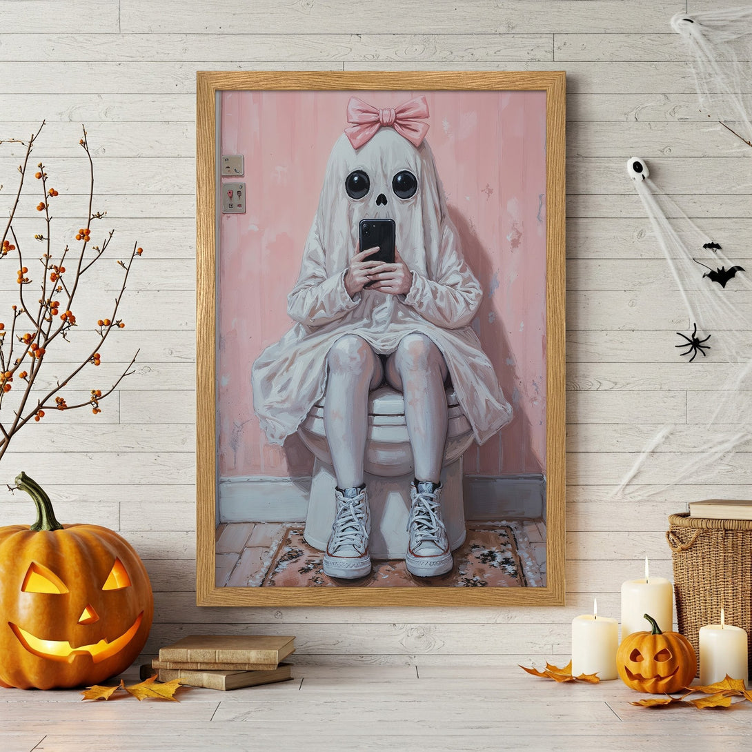 Framed Poster of a ghost on the toilet, art print with a whimsical style and pink/white color palette, perfect for Halloween decor.