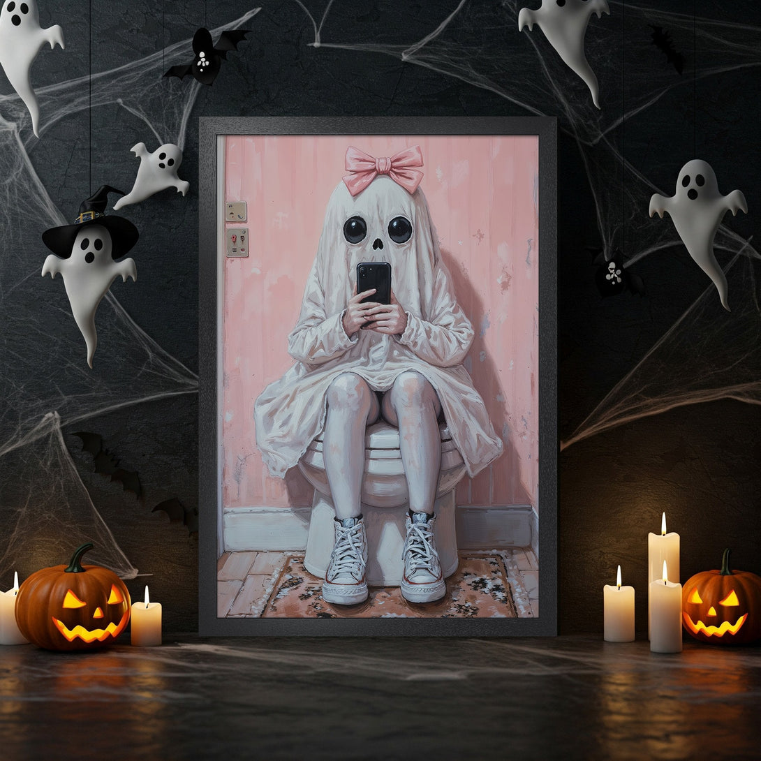 Framed Poster featuring a ghost on the toilet, artistic style, pink and black color palette, perfect for Halloween decor!