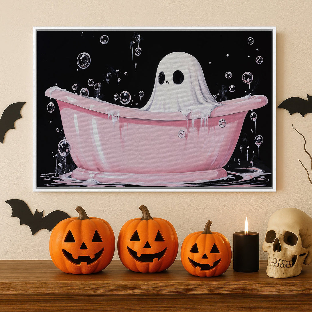 Framed Wall Art: Adorable ghost in a pink bathtub, playful Halloween decor. Whimsical style, black, pink, and white color palette. Perfect for spooky season!