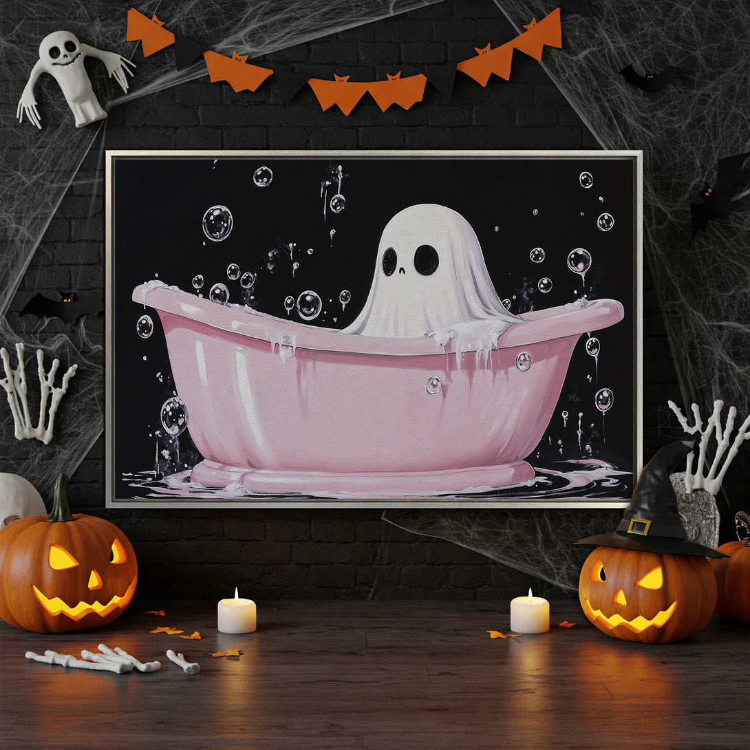 Framed Wall Art: Whimsical ghost in a pink bathtub. Halloween-themed art with black, pink, and orange color palette. Perfect for spooky decor!