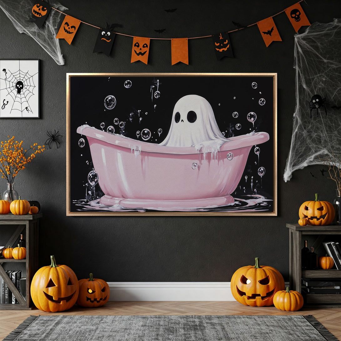 Framed Wall Art featuring a ghost in a pink bathtub, perfect for Halloween decor. Black, pink, and orange color palette, whimsical style.