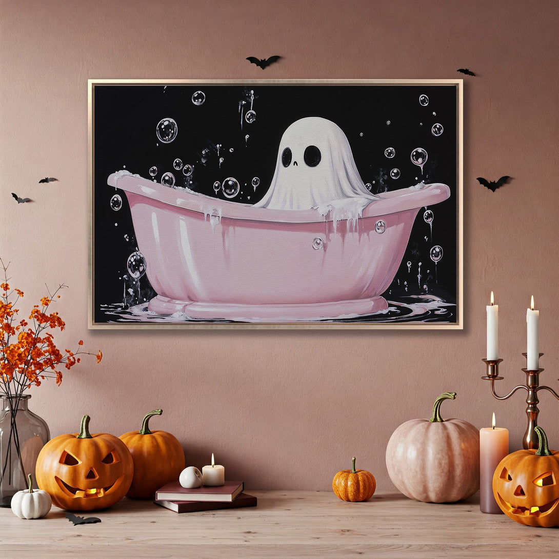 Framed Wall Art: Spooky ghost in a pink bathtub. Whimsical Halloween art with a black and pink color palette. Perfect for festive home decor.