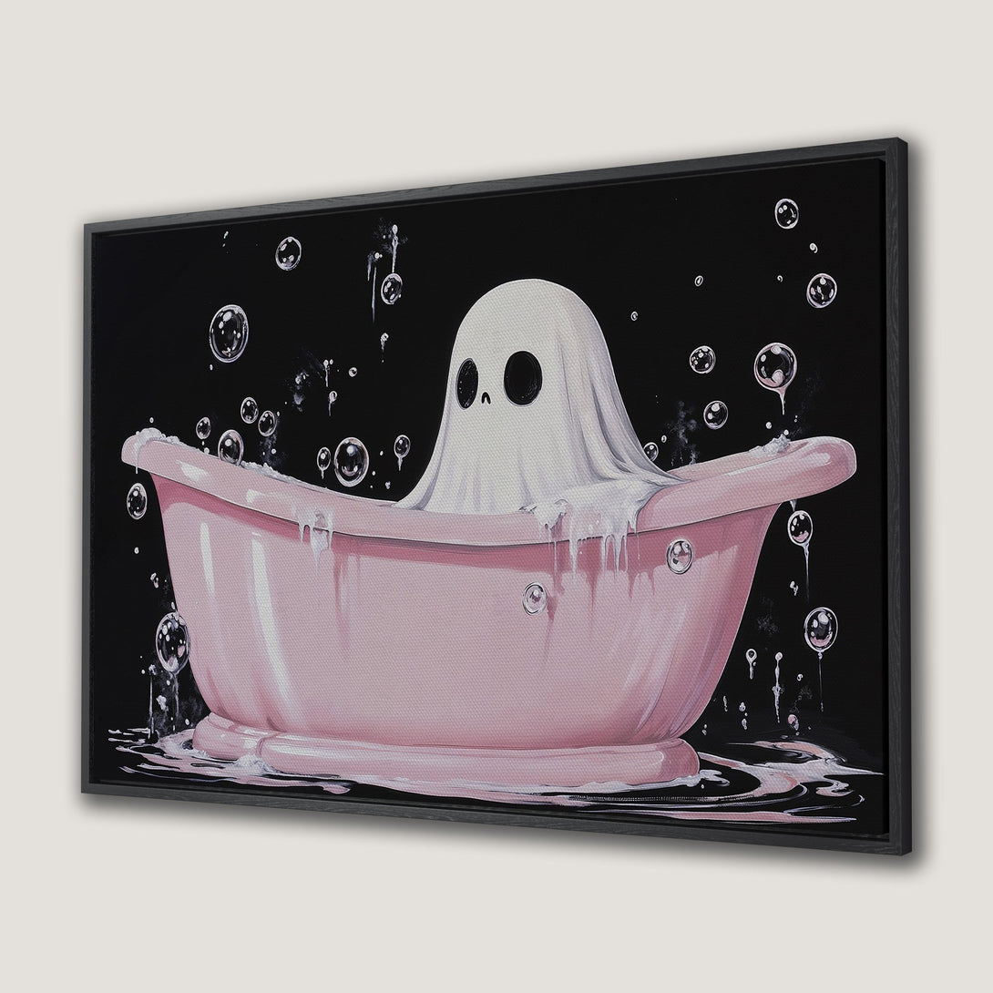 Framed Wall Art of a whimsical ghost in a pink bathtub with bubbles. Modern, playful style with a black and pink color palette. Perfect for spooky decor.