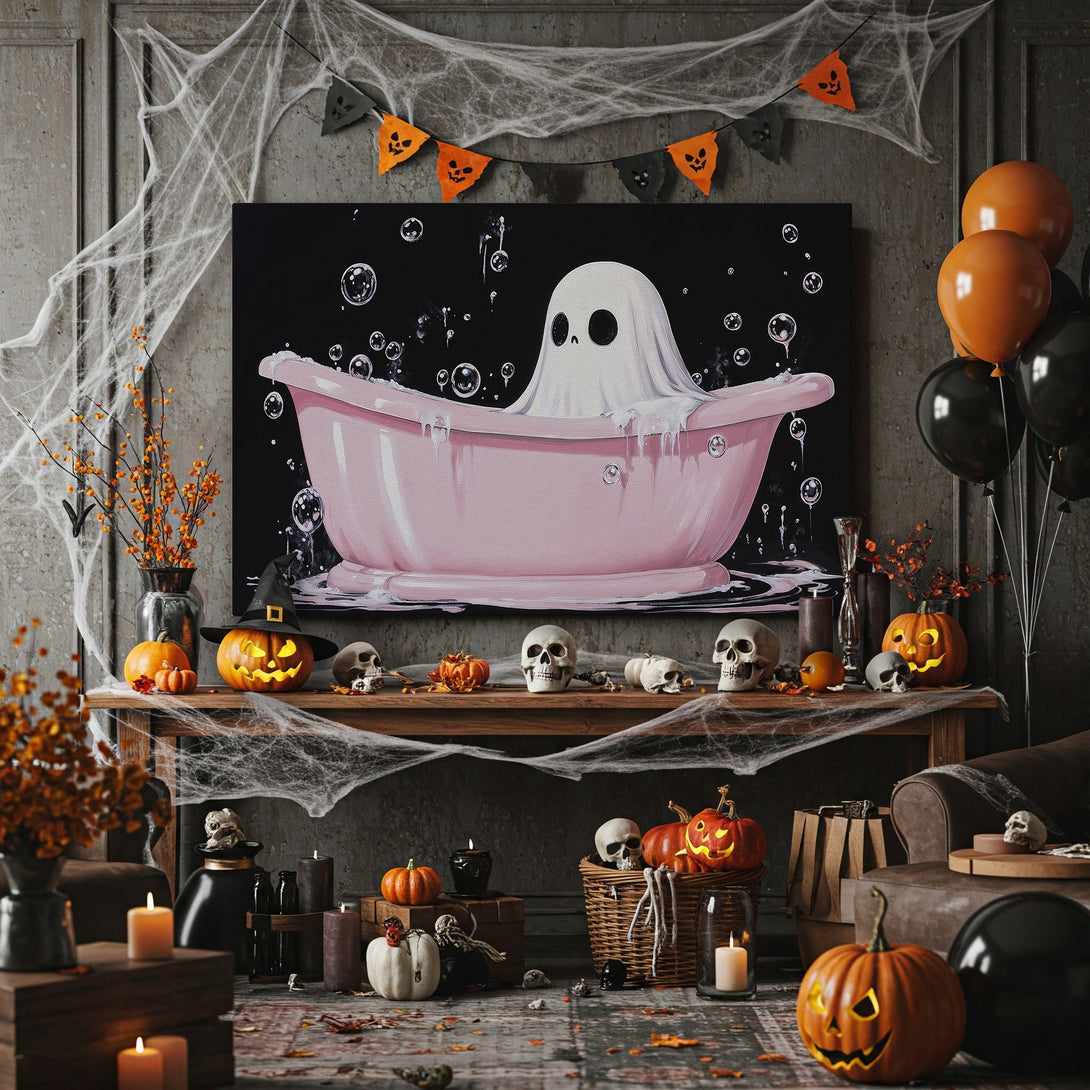 Framed Wall Art: Spooky ghost in a pink bathtub. Whimsical Halloween art in black, pink, and gold. Perfect for adding a touch of fun to your home decor!