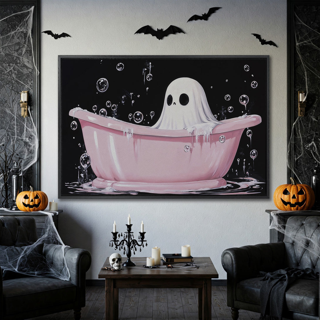 Framed Wall Art: Spooky ghost in a pink bathtub, whimsical illustration on black background. Perfect Halloween decor with a pastel color palette.