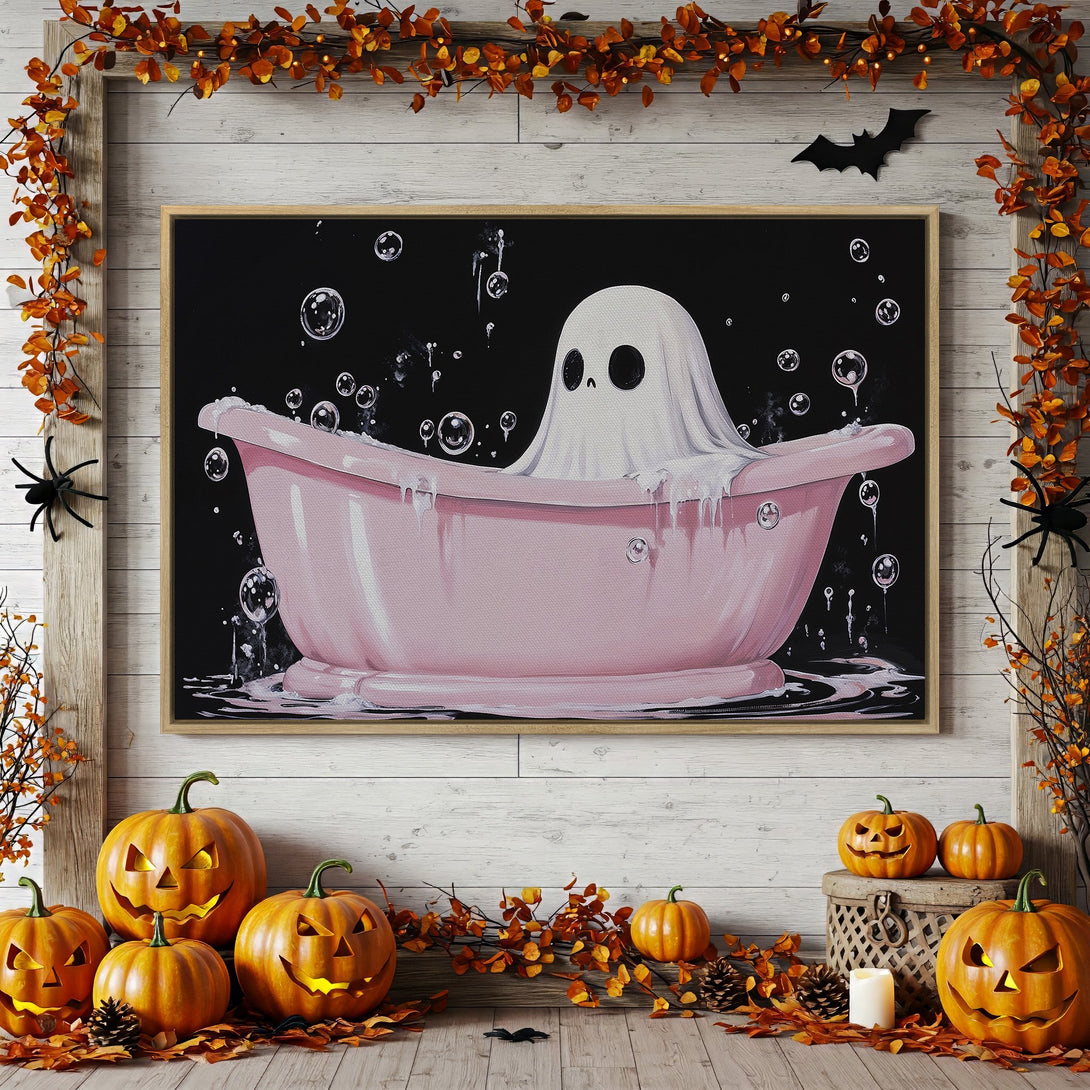 Framed Wall Art: Whimsical ghost in a pink bathtub, perfect Halloween decor. Featuring a black background with a pink and white color palette.