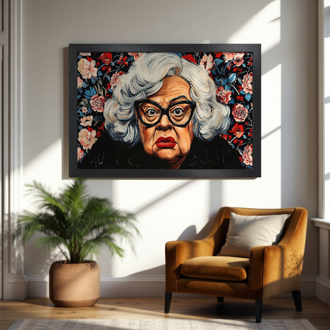 Framed Poster featuring a portrait with floral background, bold style, and a vibrant color palette of red, black, and white.
