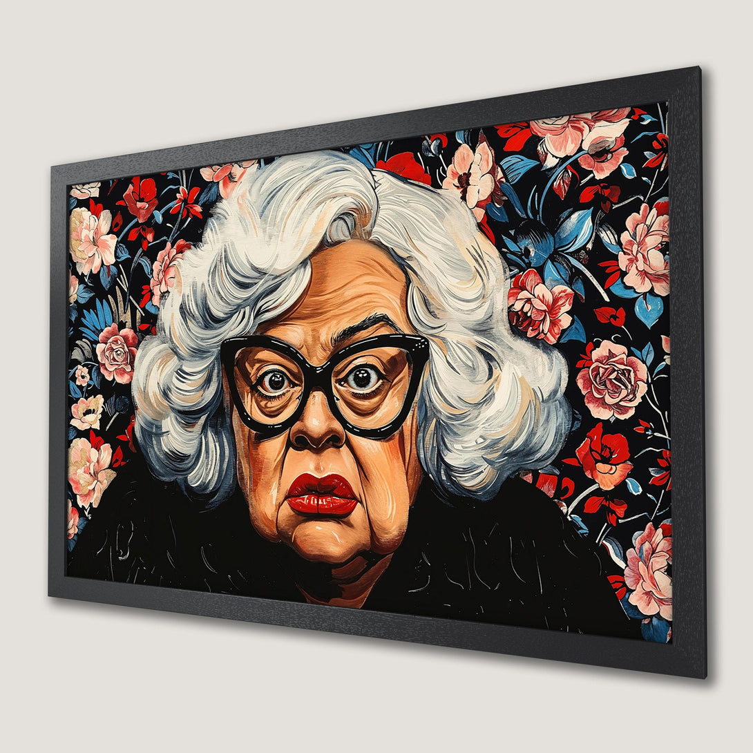 Framed Poster featuring a portrait of a woman with floral background, vibrant colors and bold style. Perfect wall art for your home!