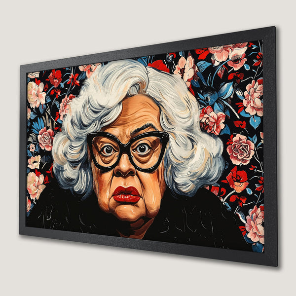 Framed Poster featuring a portrait of a woman with floral background, vibrant colors and bold style. Perfect wall art for your home!
