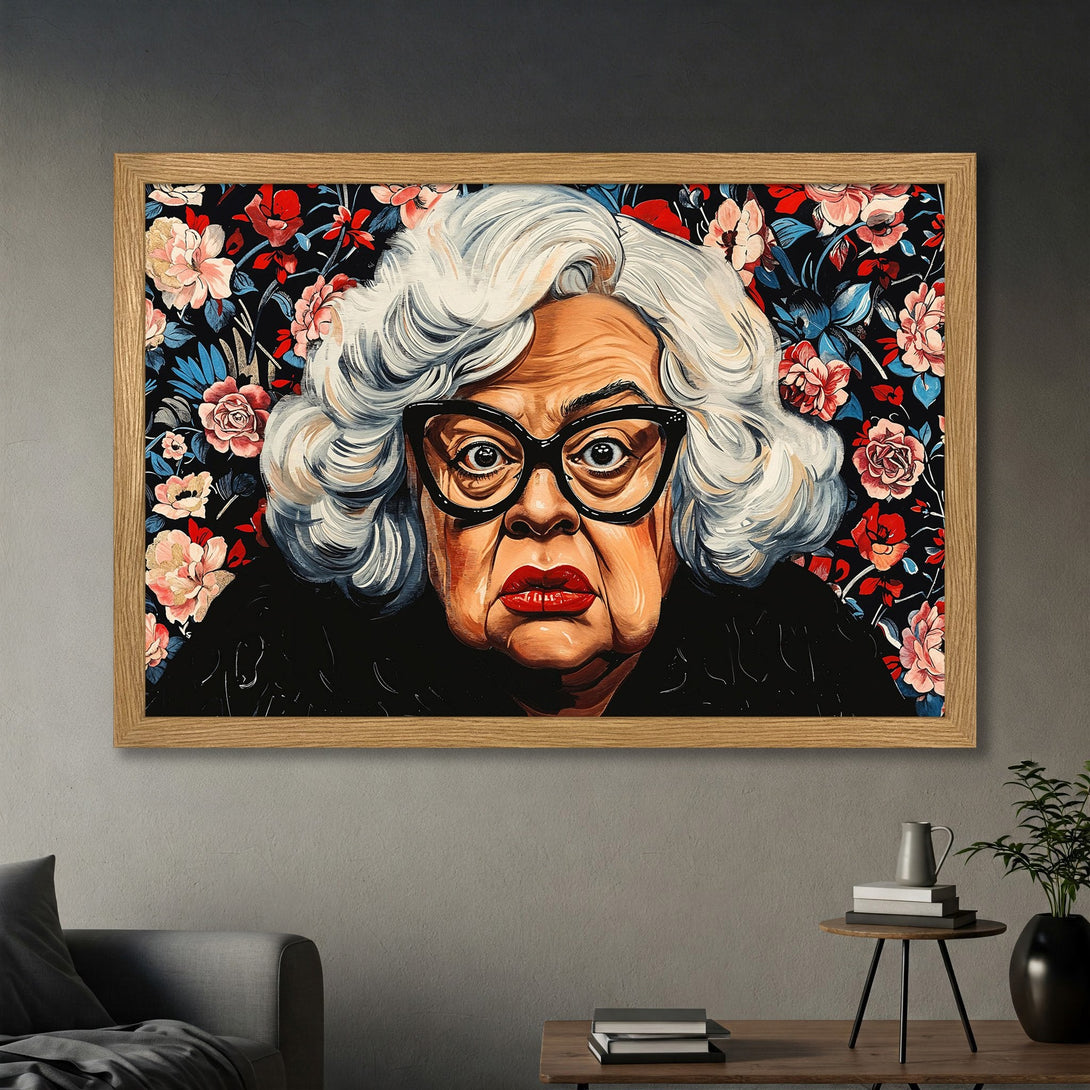 Framed Poster featuring a vibrant portrait with a floral background. Bold colors, striking style. Add art to your space!