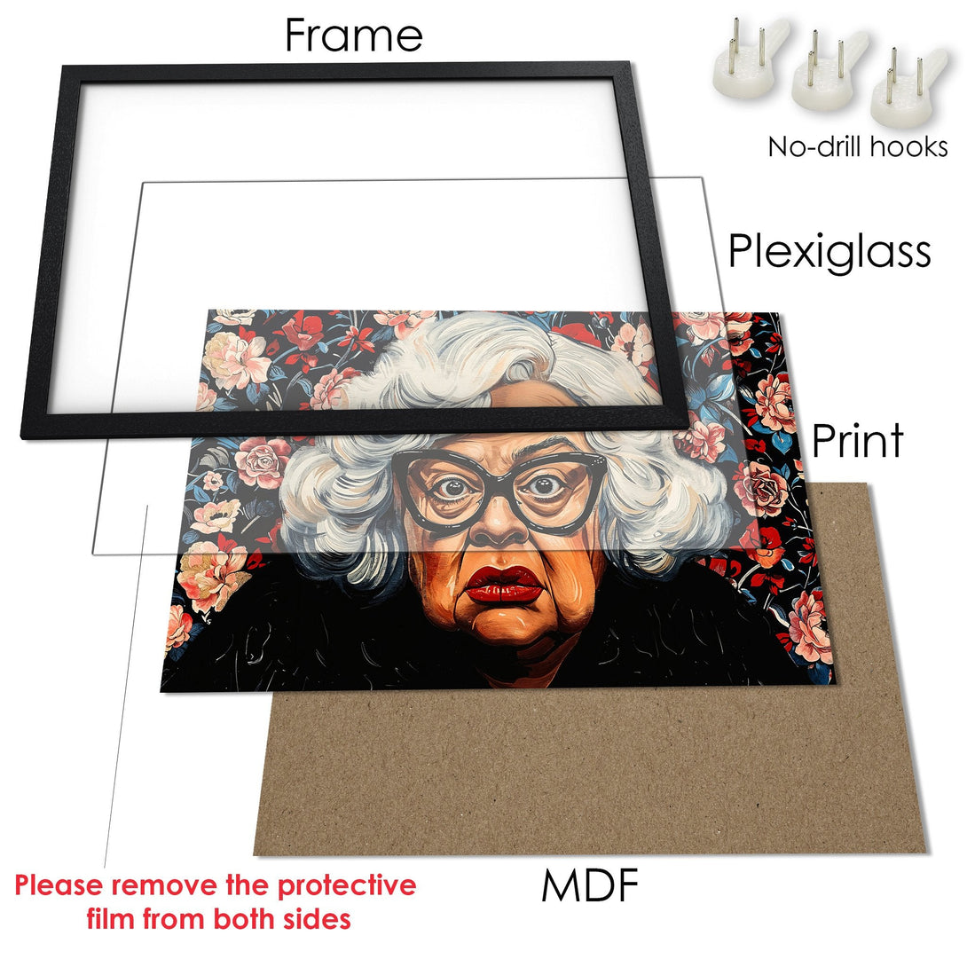 Framed Poster featuring a portrait with floral background, bold colors. Perfect wall art for any space.