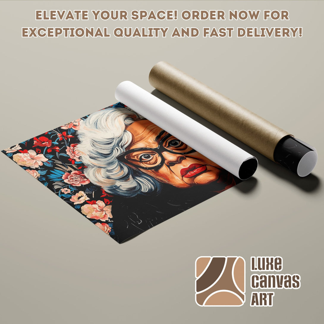 Poster Roll featuring a portrait with floral accents, vibrant colors, and a modern style.