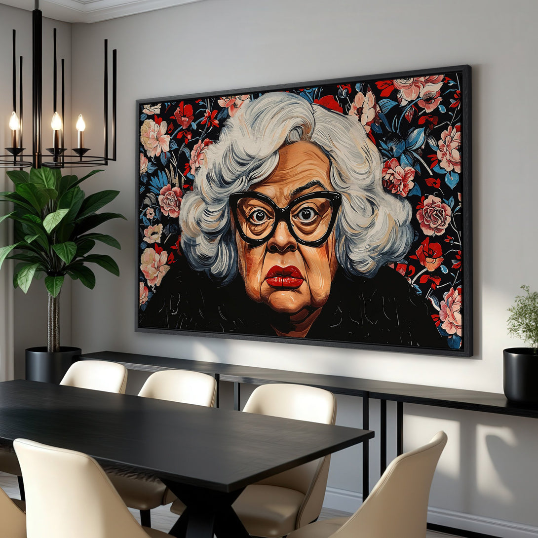 Framed Wall Art: Portrait of a woman with floral background. Bold colors & expressive style. Perfect for dining room decor.