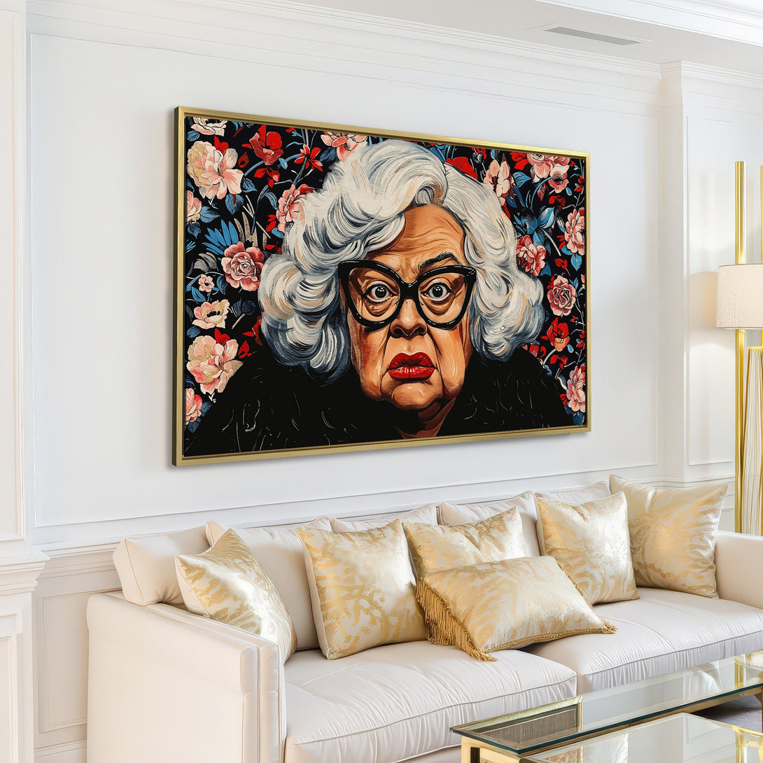 Canvas Print featuring a portrait of a woman with glasses, floral background. Bold colors and a modern style, perfect for home decor.