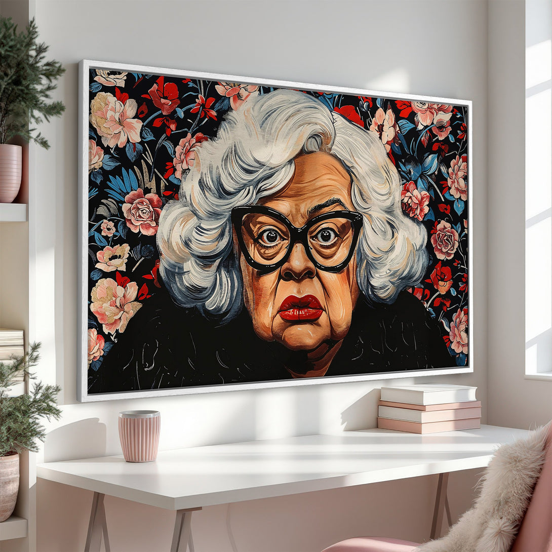 Framed Wall Art: Portrait of a woman with floral background. Pop art style, bold red, black, and white color palette. Perfect for a stylish interior.