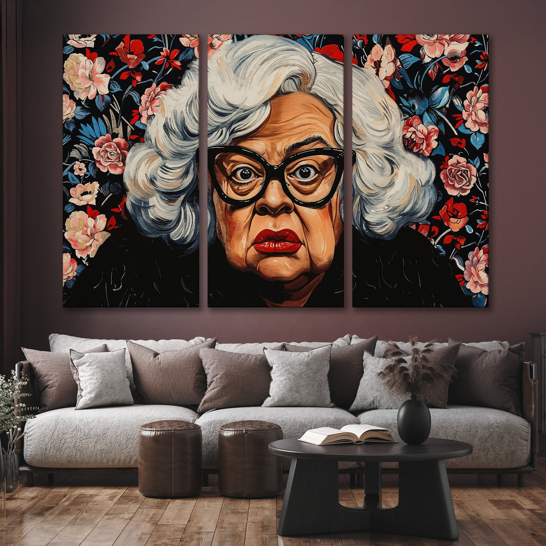 Canvas Print of a woman with glasses and floral background. Bold, expressive art in a red, black, and white color palette. Perfect for home decor.