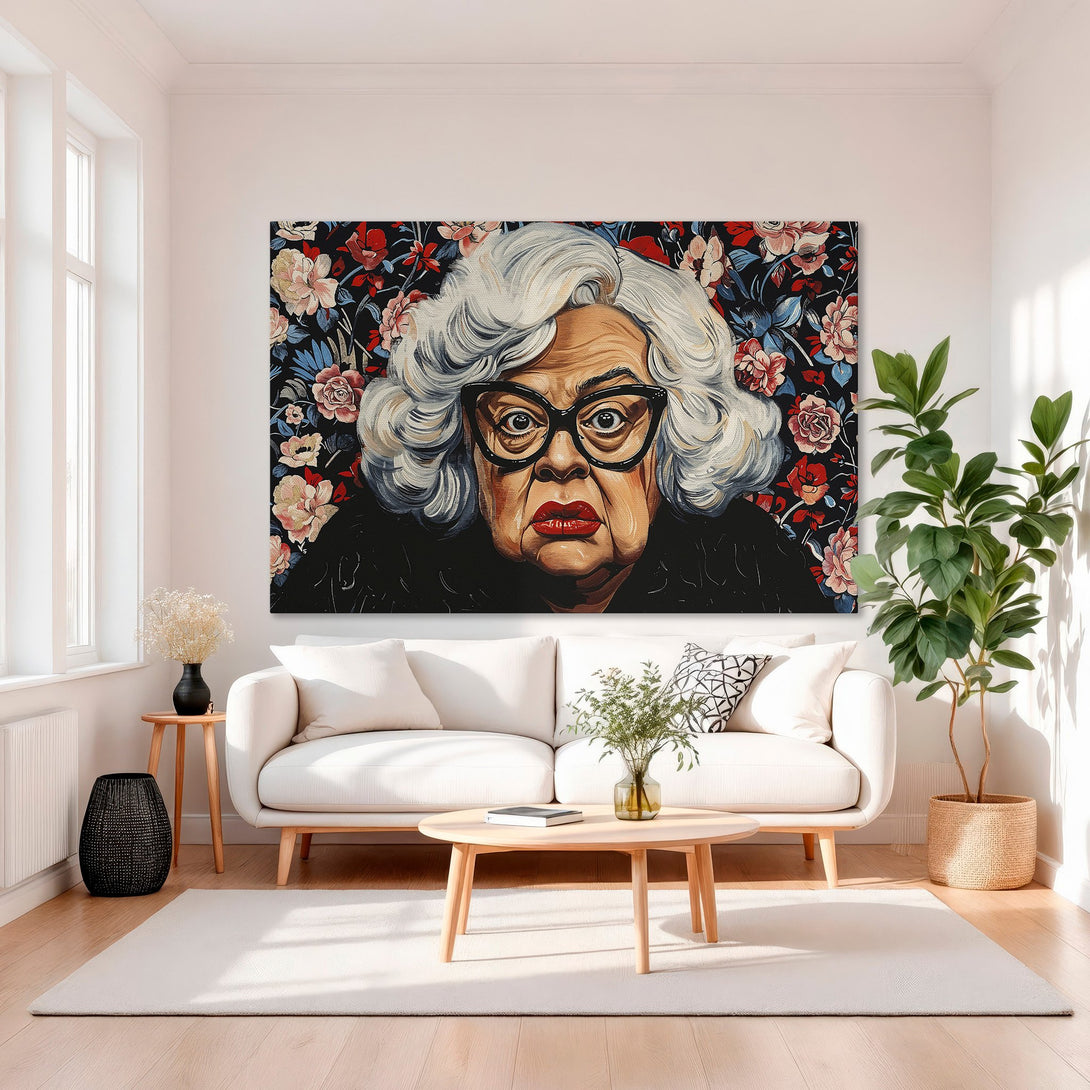 Framed Wall Art: Portrait of a woman with floral background. Bold, colorful canvas print with black, red, and blue tones. Perfect for living room decor.
