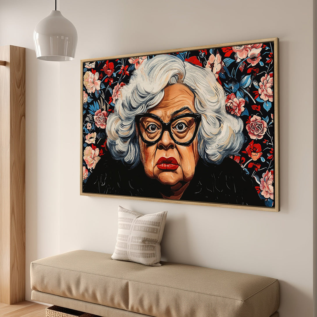 Framed Wall Art: Portrait of a woman with floral background. Bold colors of red, black, and pink. Perfect for adding personality to your space.