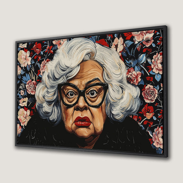 Framed Wall Art featuring a portrait of a woman with glasses, surrounded by a floral pattern. Rich red, blue, and black color palette.