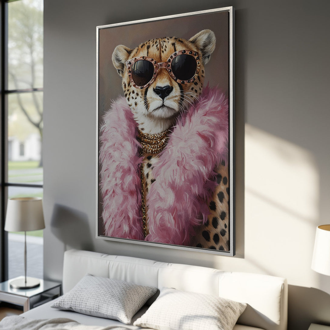 Framed Wall Art: Stylish cheetah portrait with pink accents. Modern Canvas Print in a luxurious interior. Warm, neutral color palette. Shop now for unique wall decor!
