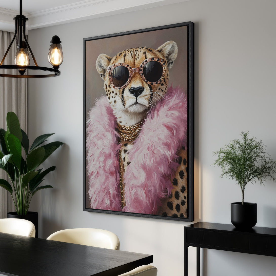 Framed Wall Art: Stylish cheetah portrait with pink fur and sunglasses. Modern art in neutral tones, perfect for adding a touch of glamour to your home decor.