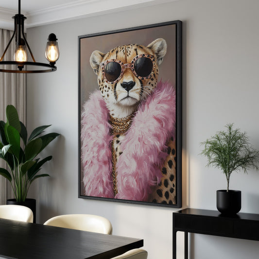 Quirky Leopard Art with Pink Boa Canvas Print Decor