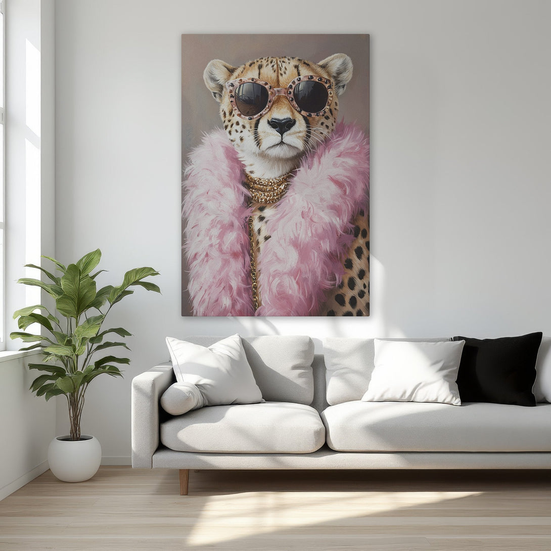 Framed Wall Art featuring a stylish cheetah in pink fur and sunglasses. Chic and glamorous decor, with a warm, neutral color palette. Perfect for a bedroom.
