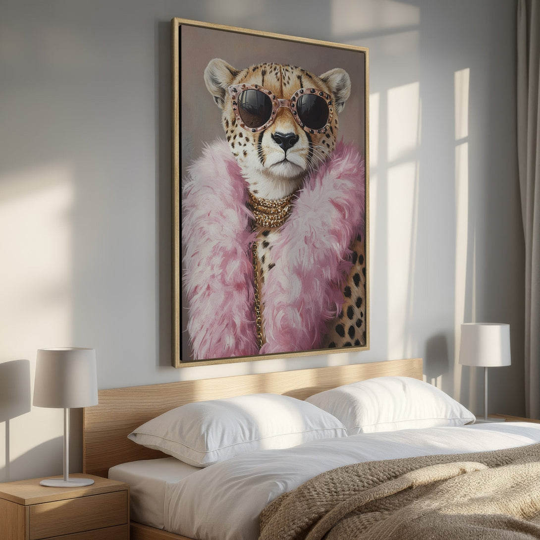Framed Wall Art: Stylish cheetah portrait in pink and gold. Modern canvas print adds a touch of luxury to any bedroom decor. Shop now!