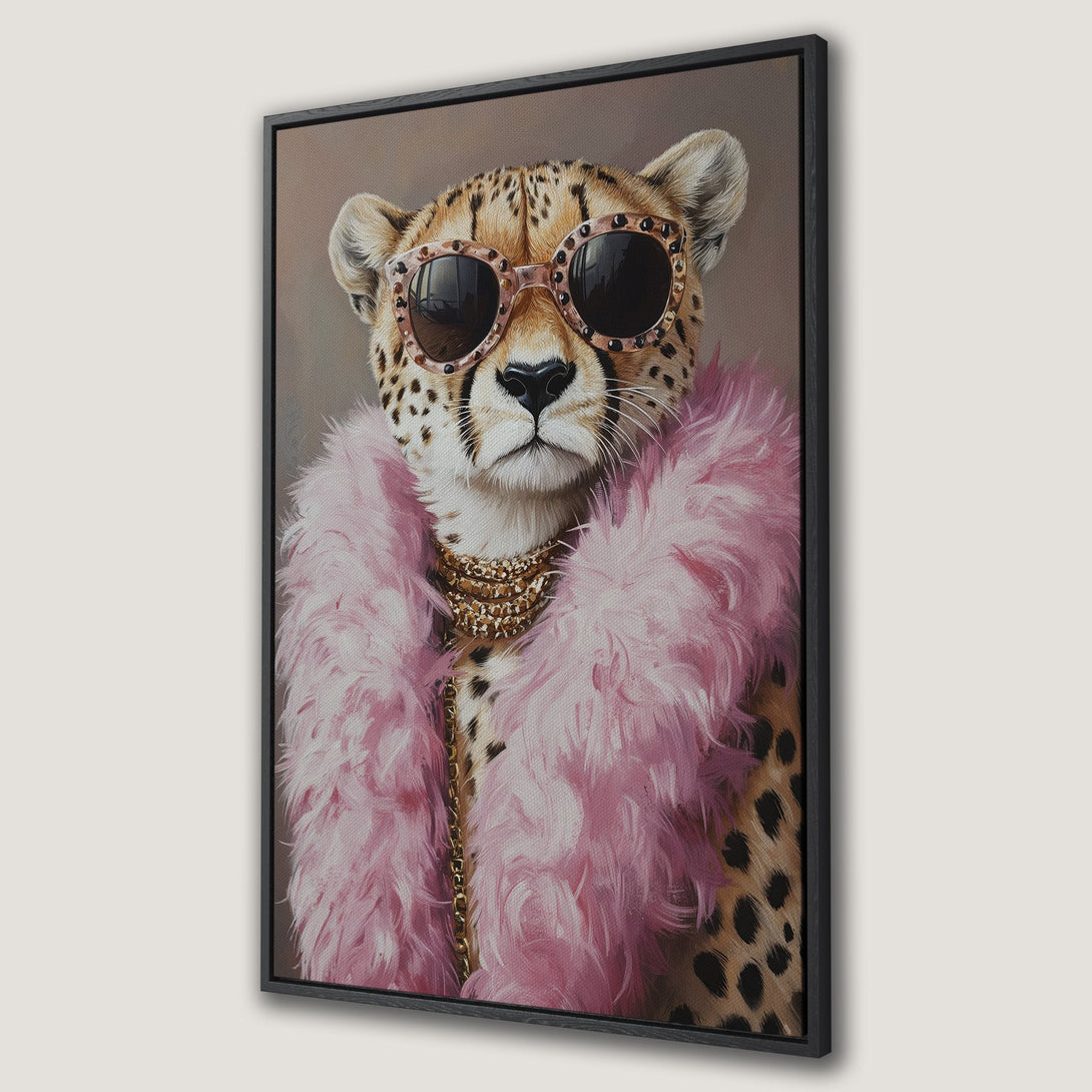 Framed Wall Art: Stylish cheetah portrait wearing sunglasses and pink fur. Modern art with a chic and playful vibe. Perfect for adding personality to any space.