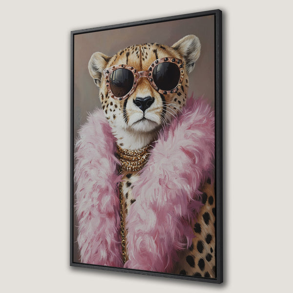 Framed Wall Art: Stylish cheetah portrait wearing sunglasses and pink fur. Modern art with a chic and playful vibe. Perfect for adding personality to any space.