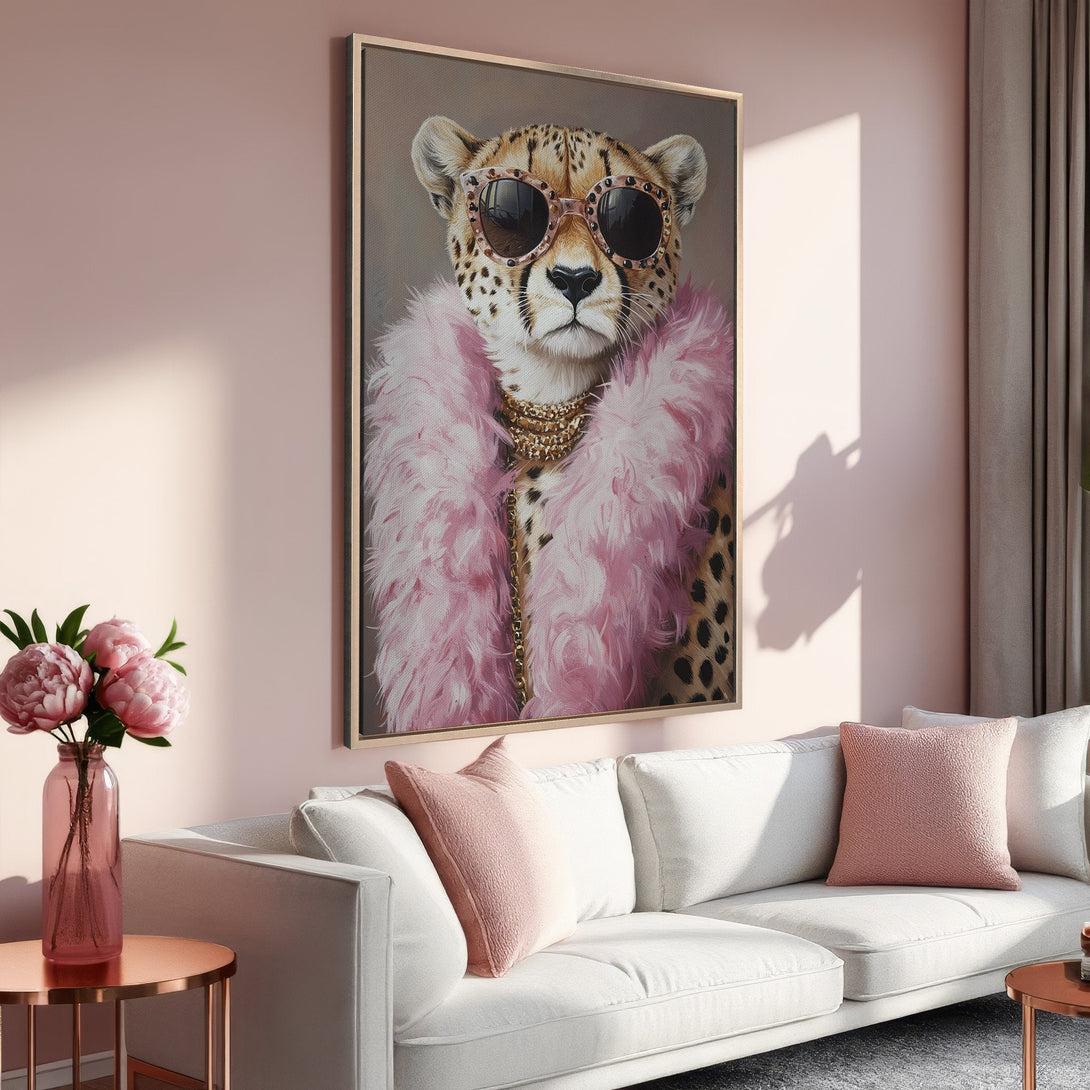 Framed Wall Art: Stylish cheetah portrait in pink & neutral tones. Chic canvas print adds a touch of glam to any room. Shop now!