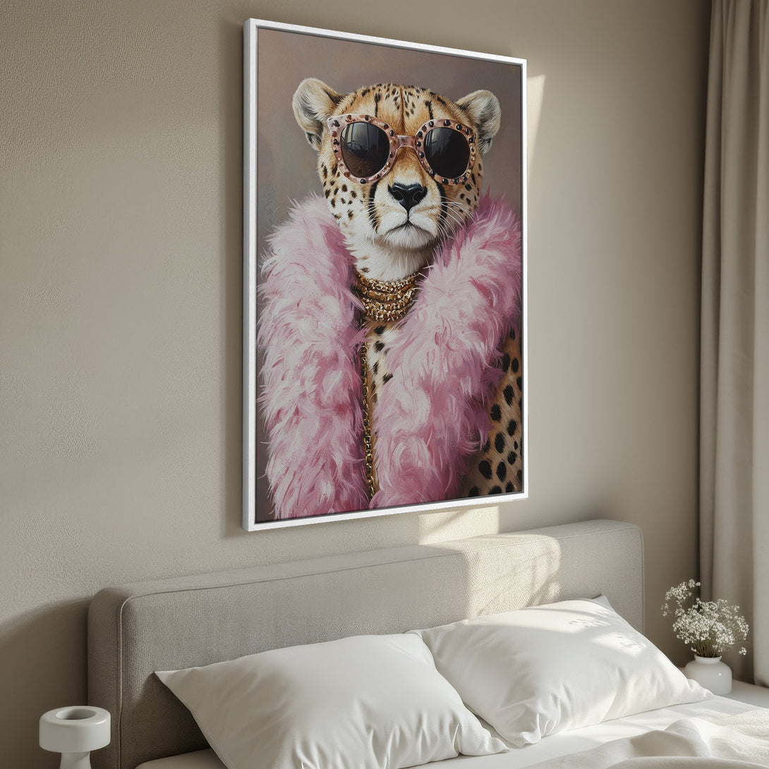 Framed Wall Art featuring a stylish cheetah portrait in pink and gold. Perfect for adding a touch of glam to your bedroom decor!
