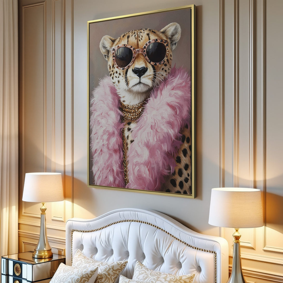 Canvas Print of a stylish cheetah wearing sunglasses and pink boa. Modern art with neutral and pink color palette. Perfect wall decor!