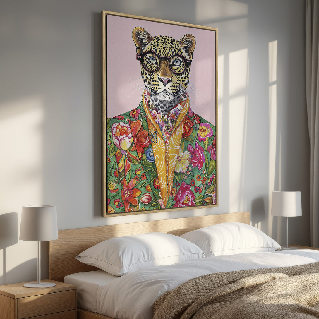Framed Wall Art: Stylish leopard portrait in a floral jacket. Vibrant, colorful canvas print adds a pop of personality to any bedroom decor. Shop now!