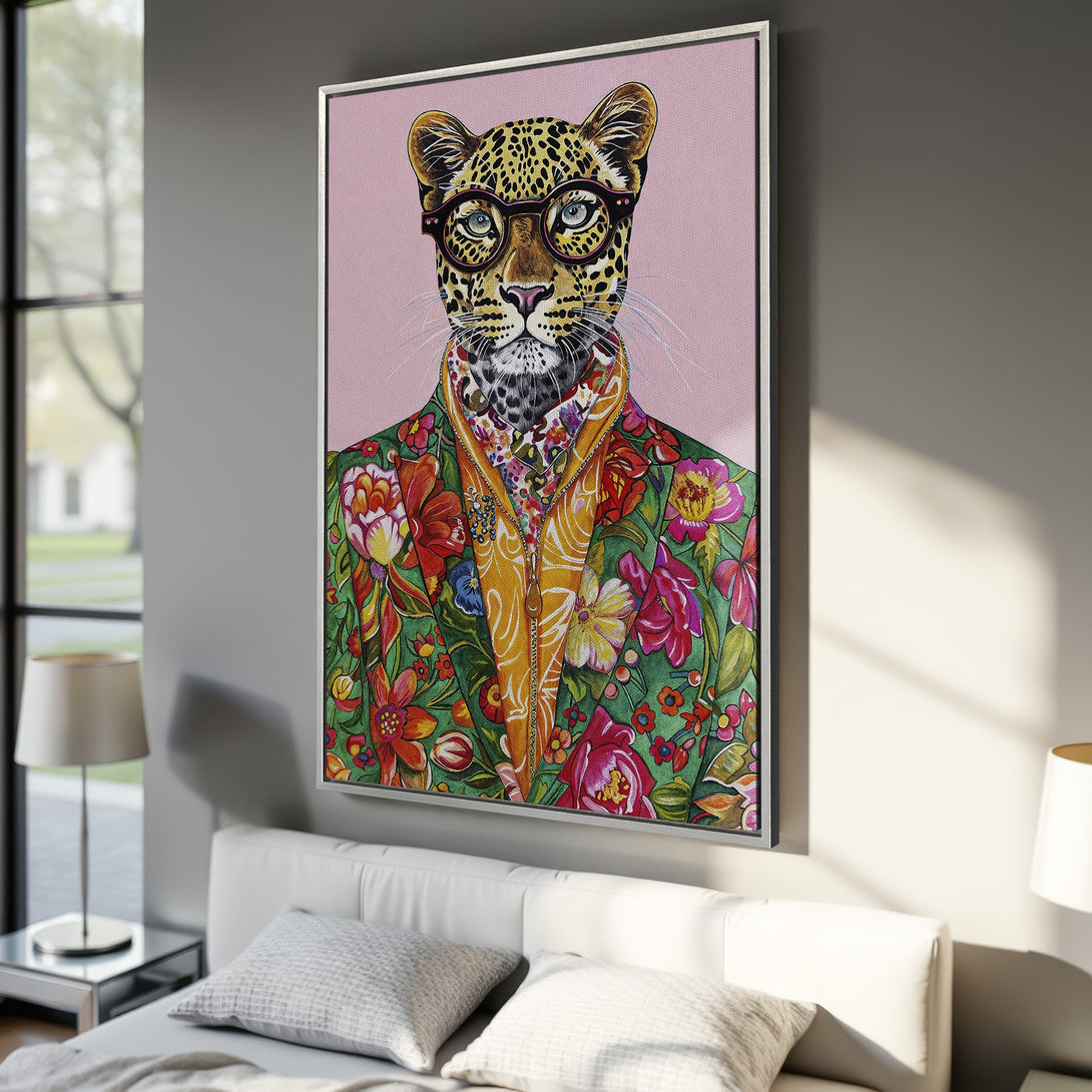 Framed Wall Art: Stylish leopard portrait in vibrant floral jacket. Colorful canvas print adds a pop of personality to any room. Modern art for home decor.