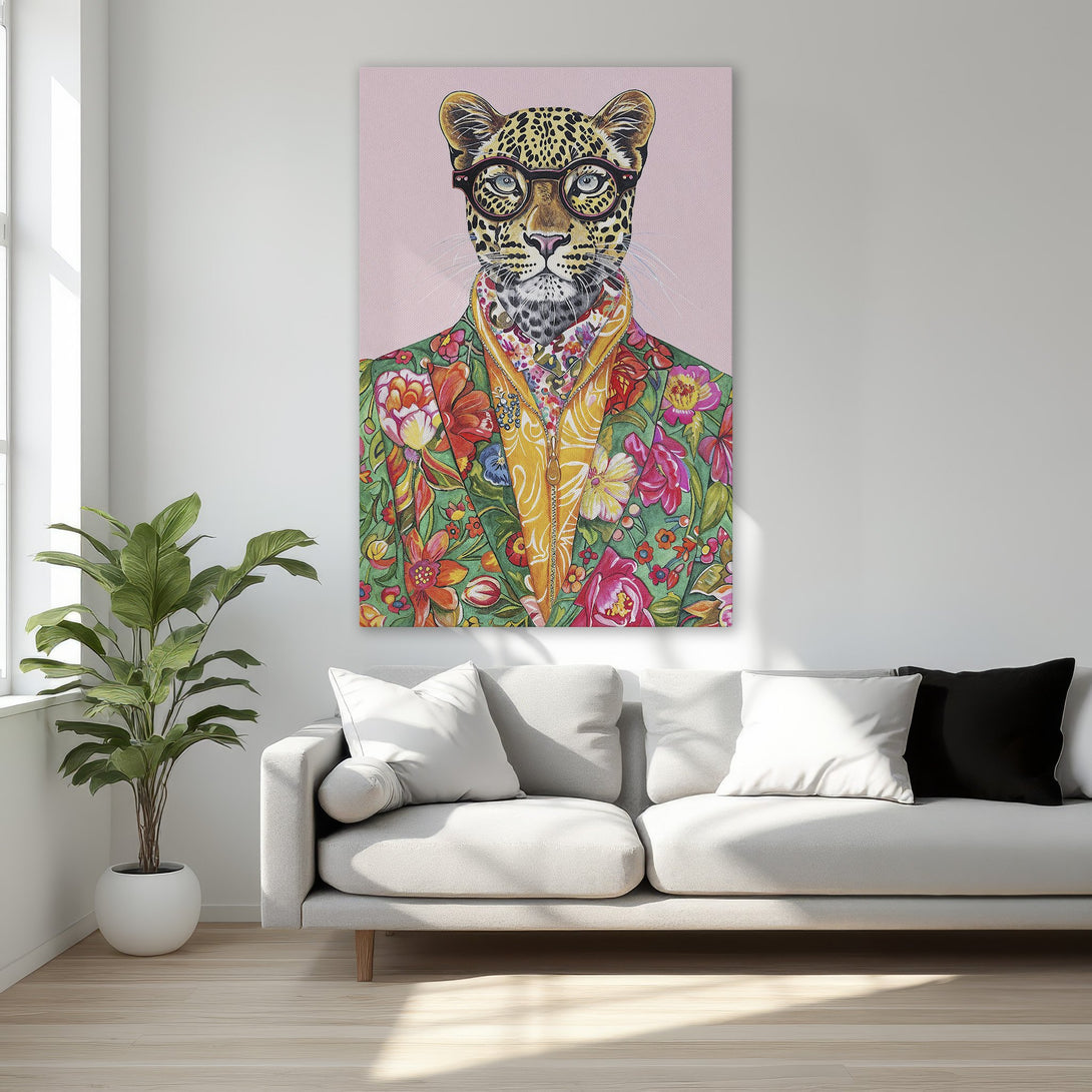 Framed Wall Art: Stylish leopard in floral suit. Vibrant green, pink, and yellow palette. Perfect for adding a touch of whimsy to your home decor.