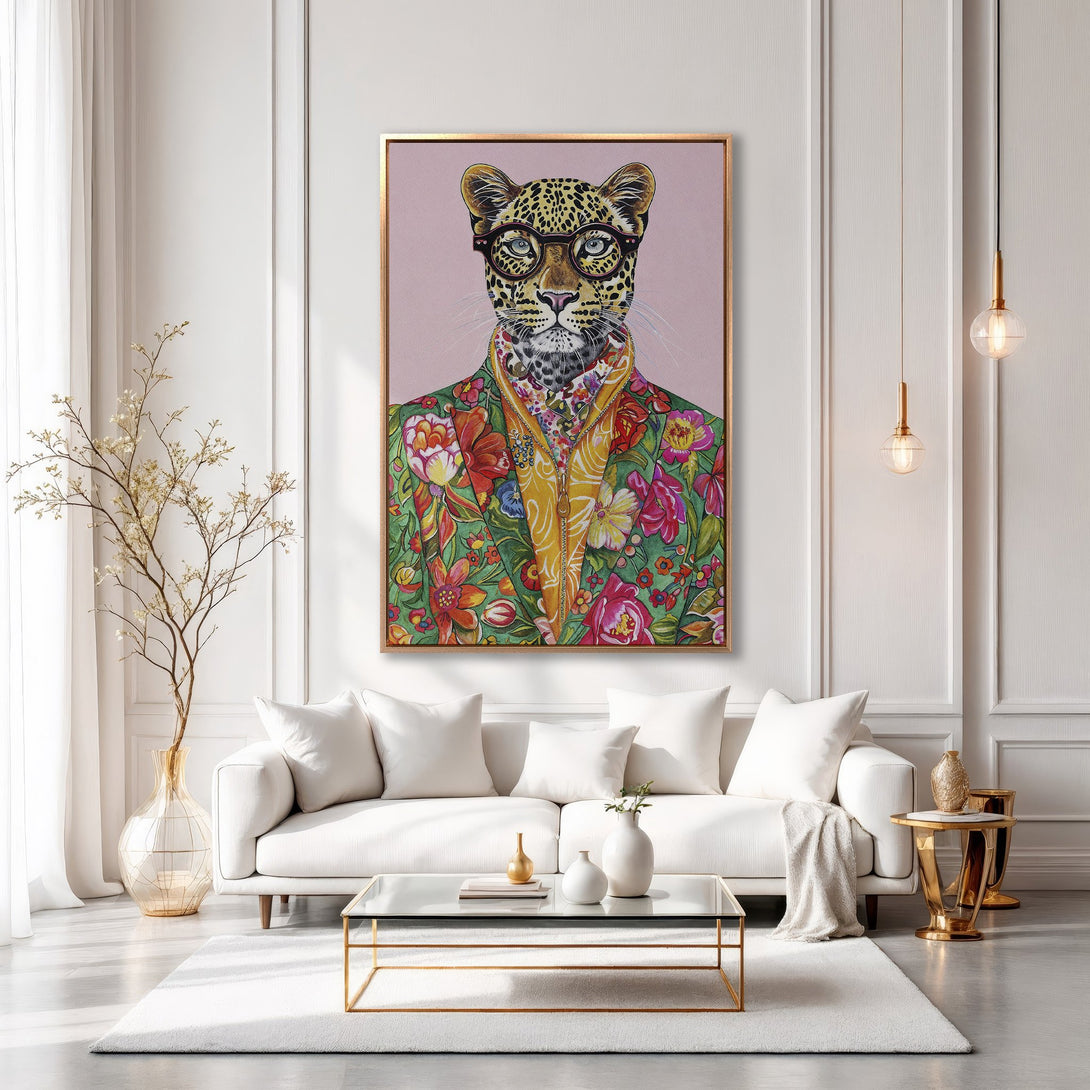 Framed Wall Art featuring a stylish leopard in a floral suit. Vibrant colors pop in this whimsical, modern art piece, perfect for any interior.