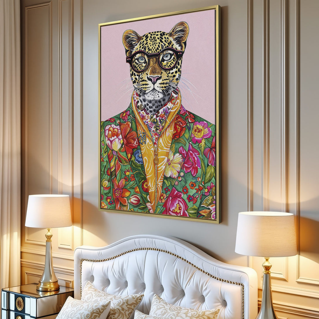 Canvas Print of a stylish leopard in a floral suit. Vibrant colors and whimsical style. Perfect wall art for a modern interior.